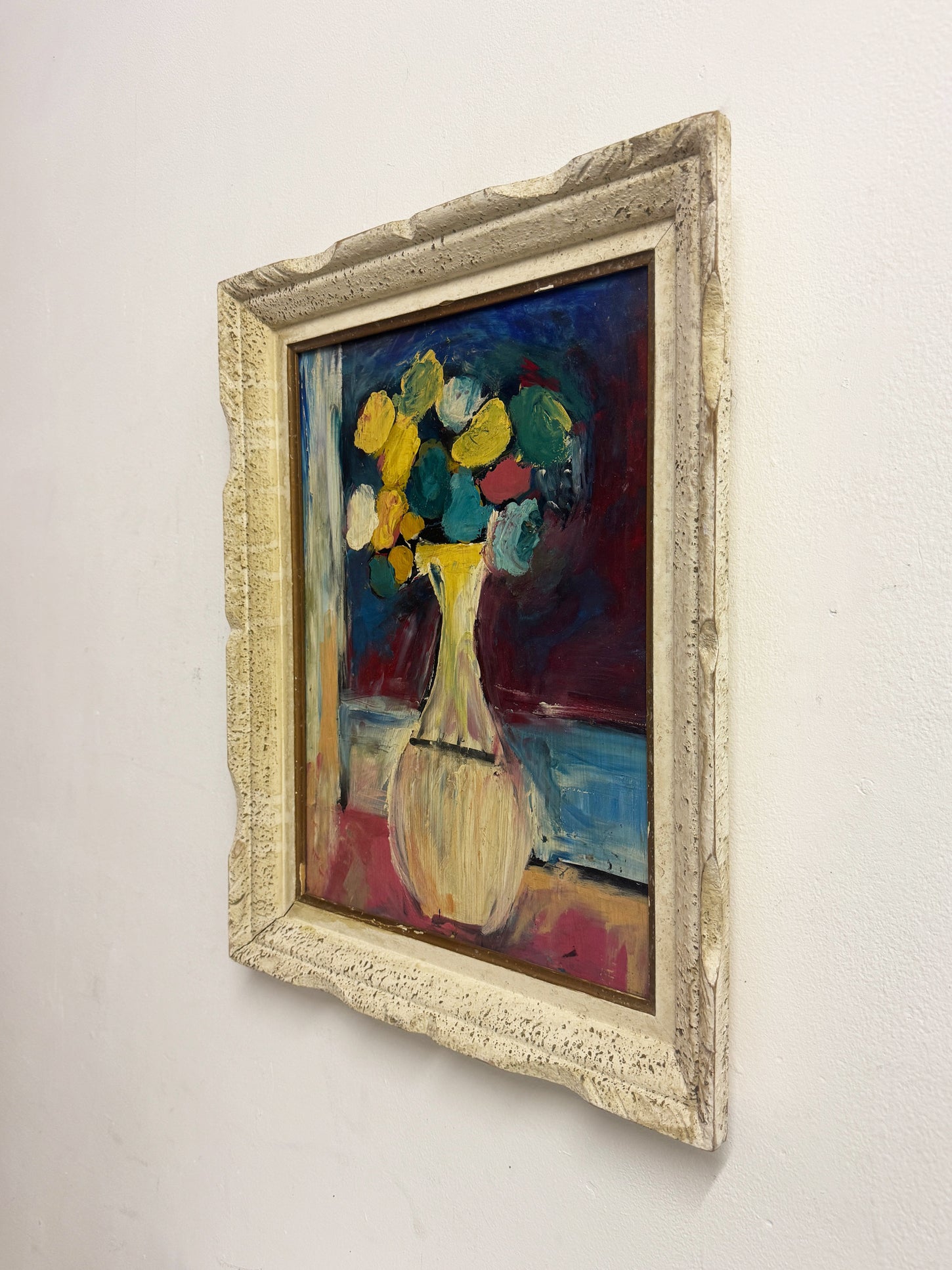 Vintage Abstract Still Life Painting – Flowers in Vase