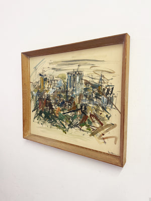 Felix Robbins – Mid-Century Abstract Expressionism Urban Cityscape Oil Painting
