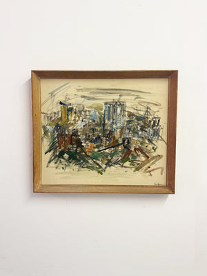 Felix Robbins – Mid-Century Abstract Expressionism Urban Cityscape Oil Painting