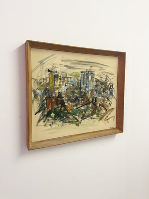 Felix Robbins – Mid-Century Abstract Expressionism Urban Cityscape Oil Painting