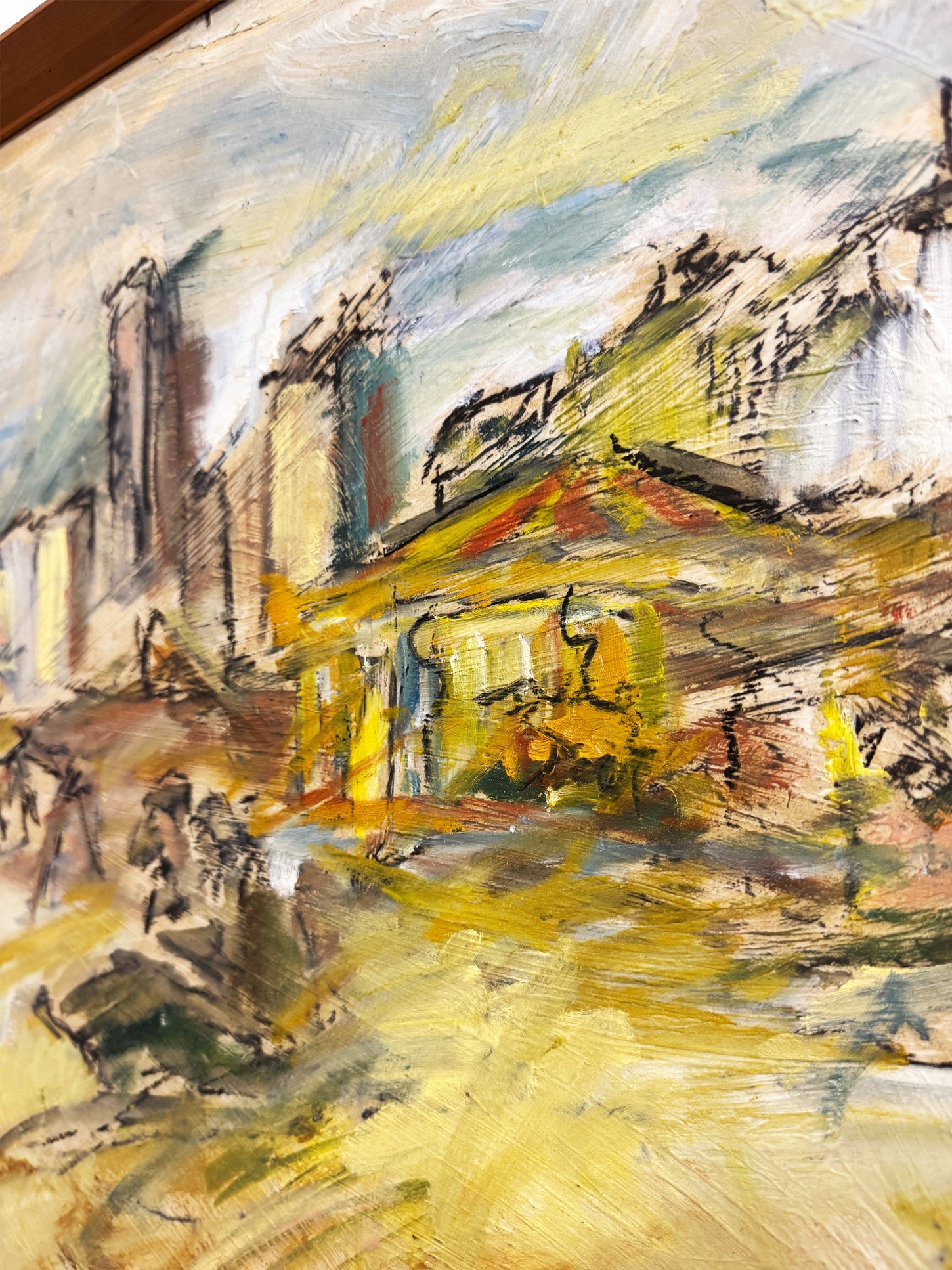 Mid-century Style Expressionist Coastal Fairground Oil Painting Signed F. Robbins