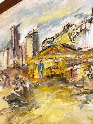 Mid-century Style Expressionist Coastal Fairground Oil Painting Signed F. Robbins