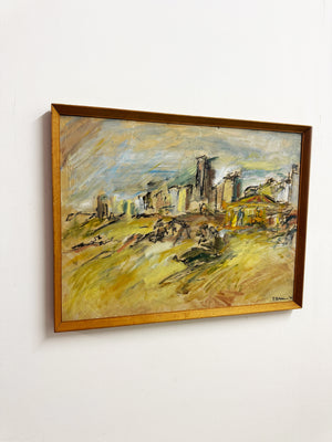 Mid-century Style Expressionist Coastal Fairground Oil Painting Signed F. Robbins
