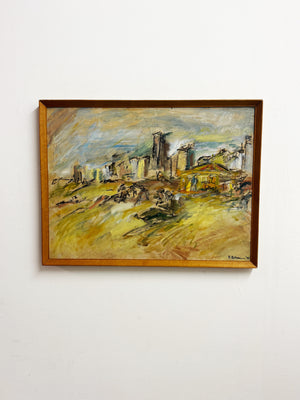 Mid-century Style Expressionist Coastal Fairground Oil Painting Signed F. Robbins