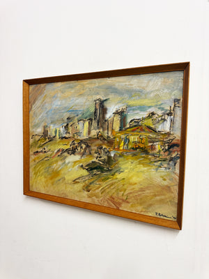 Mid-century Style Expressionist Coastal Fairground Oil Painting Signed F. Robbins