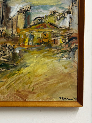 Mid-century Style Expressionist Coastal Fairground Oil Painting Signed F. Robbins