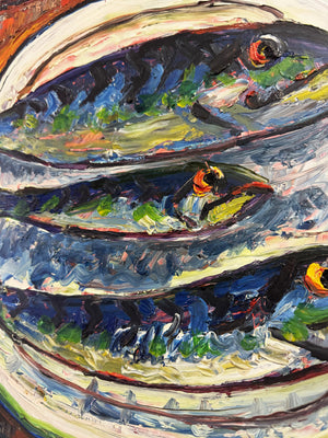 Barrington Moore TABB, Abstract Still Life Mackerel Fish Oil Painting