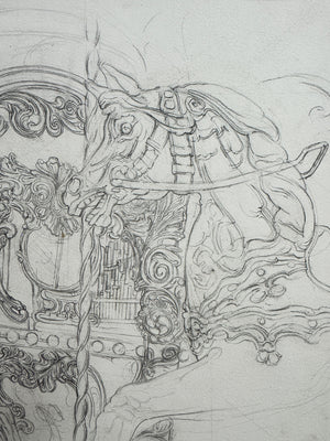 Keith Banks Original Vintage Fairground Carousel Pencil Drawing Study