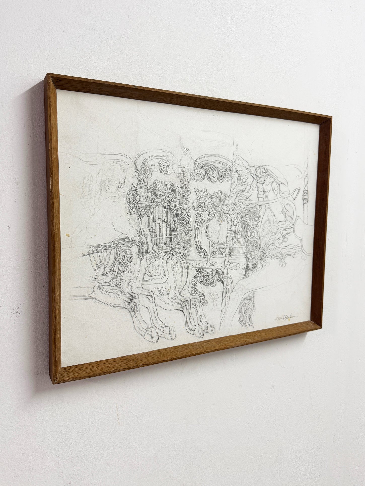 Keith Banks Original Vintage Fairground Horse Carousel Pencil Drawing Study
