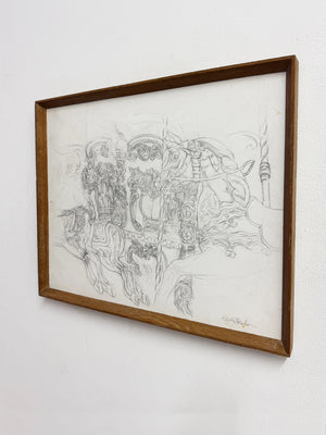 Keith Banks Original Vintage Fairground Carousel Pencil Drawing Study