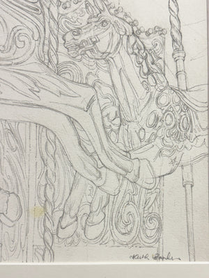 Mid-Century Pair of Signed Keith Banks Fairground Carousel Pencil Drawings