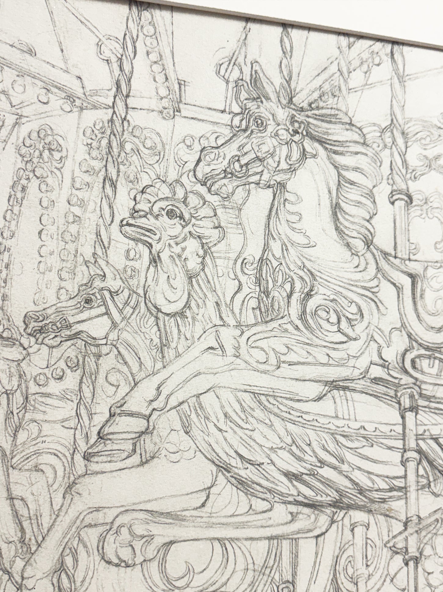 Mid-Century Pair of Signed Keith Banks Fairground Carousel Pencil Drawings