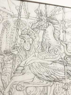 Mid-Century Pair of Signed Keith Banks Fairground Carousel Pencil Drawings
