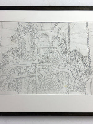 Mid-Century Pair of Signed Keith Banks Fairground Carousel Pencil Drawings