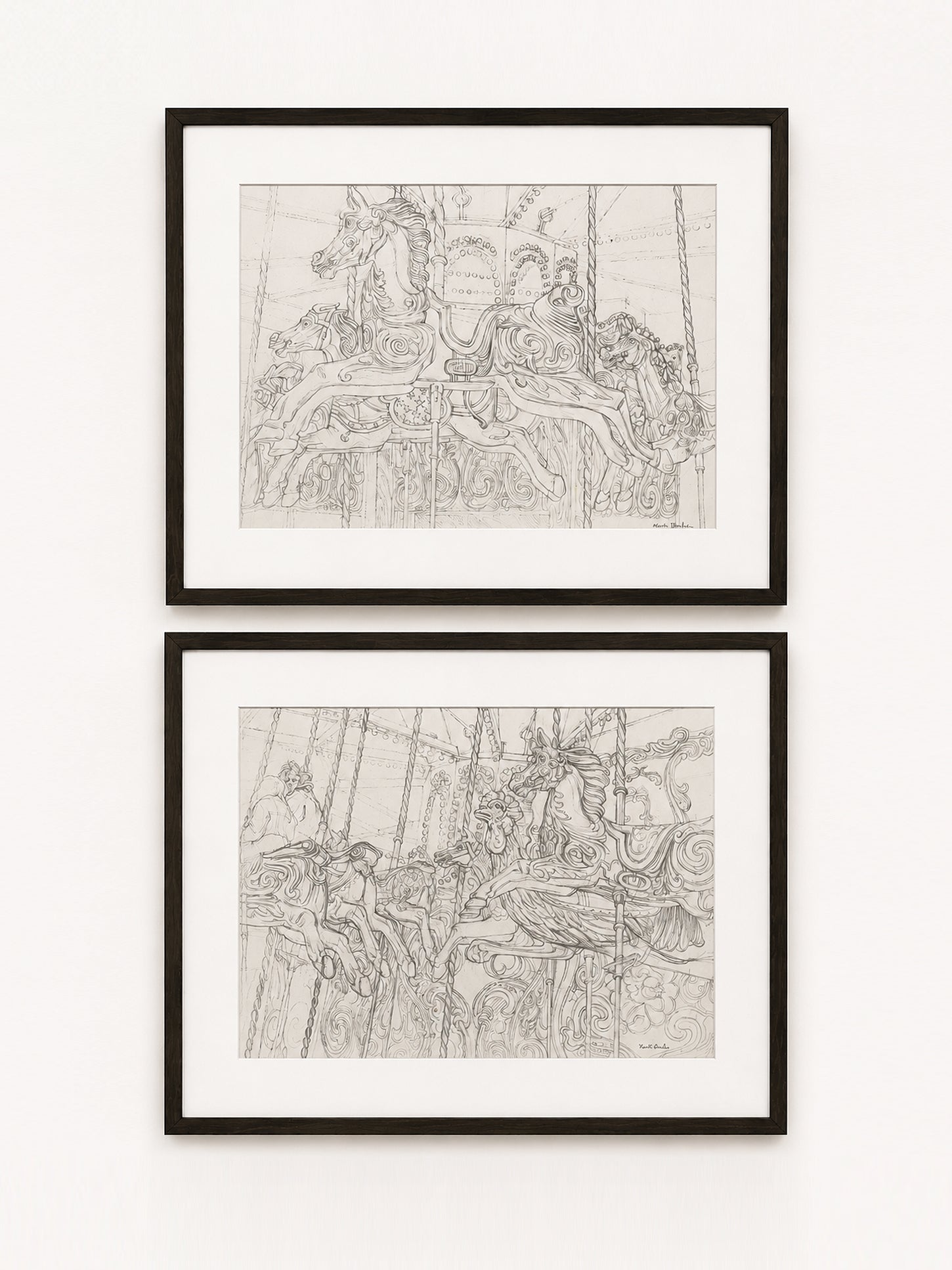 Mid-Century Pair of Signed Keith Banks Fairground Carousel Pencil Drawings