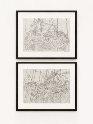 Mid-Century Pair of Signed Keith Banks Fairground Carousel Pencil Drawings