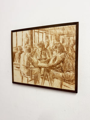 Mid-Century Vintage Figurative Sepia Drawing