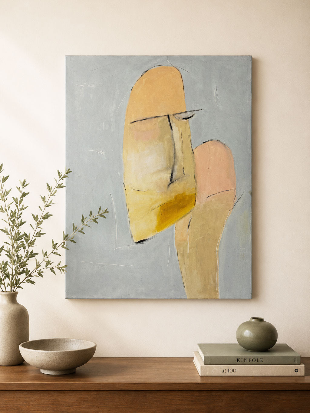 Large Mid-Century Abstract Signed Portrait Canvas Painting