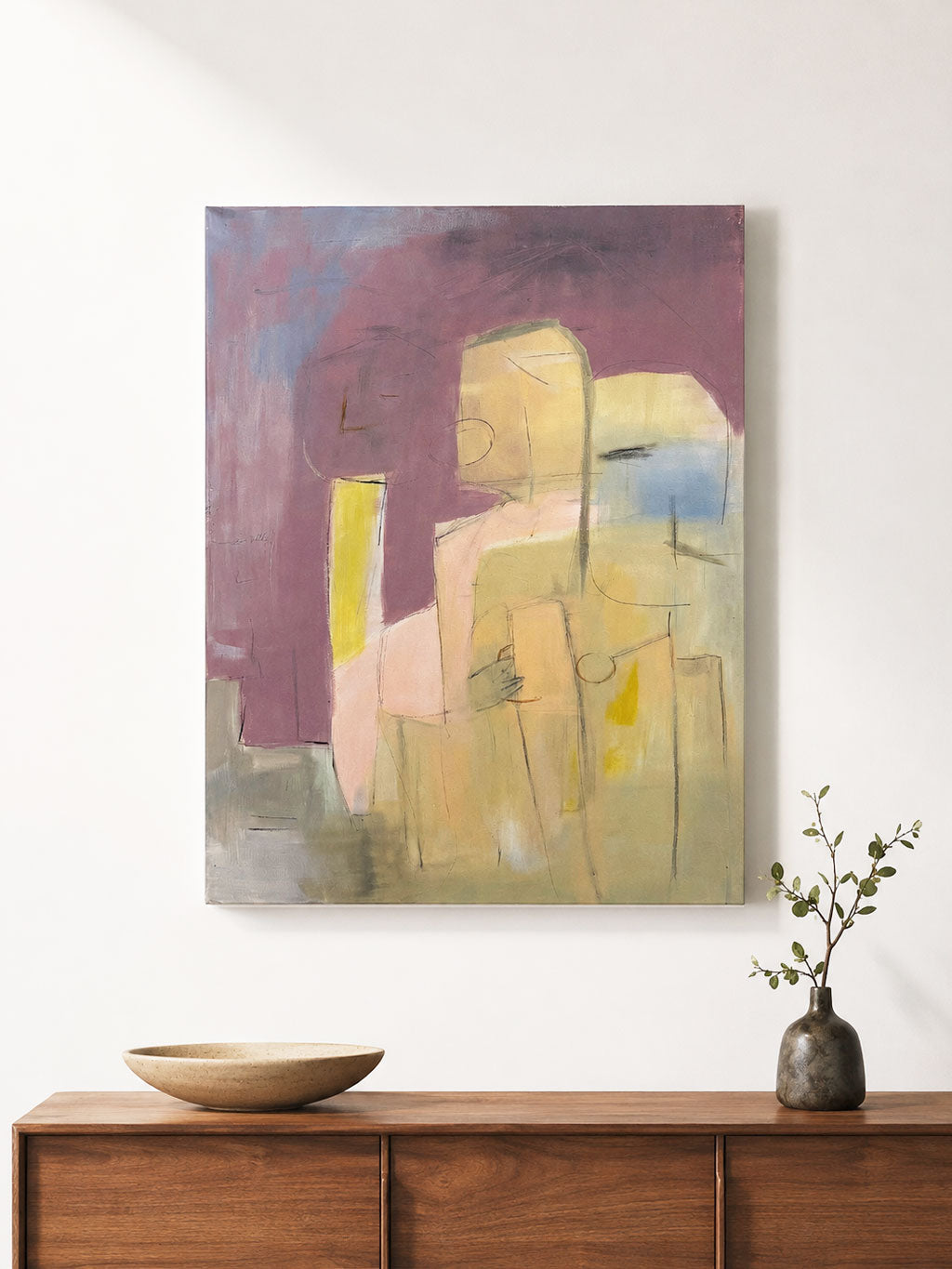 Large Mid-Century Abstract Figurative Signed Painting on Canvas