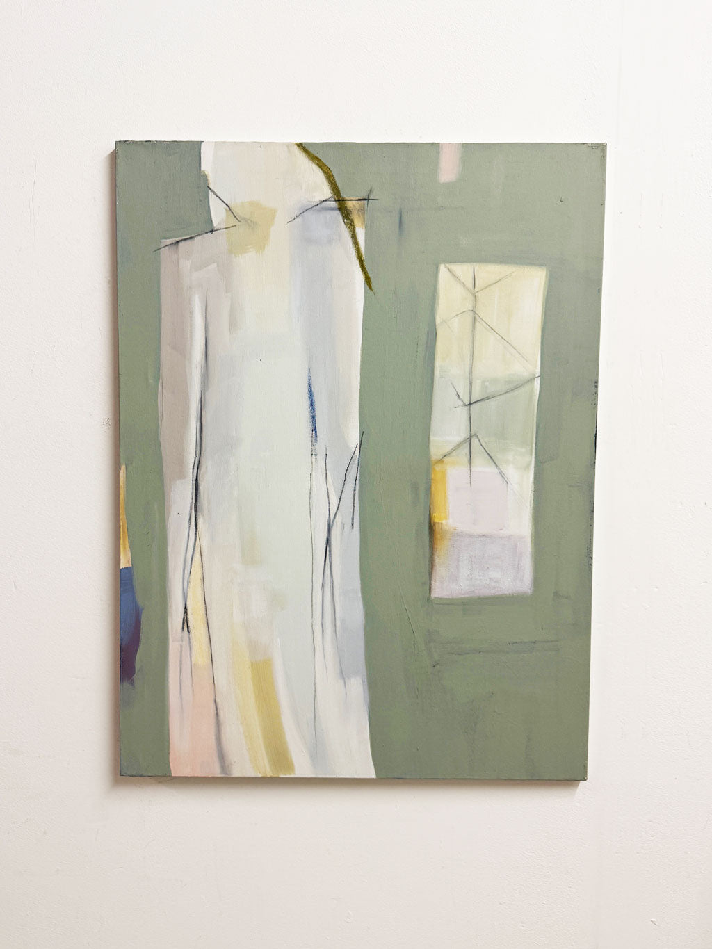 Large Mid-Century Sage Green Abstract Figurative Signed Painting on Canvas