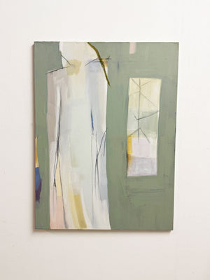 Large Mid-Century Sage Green Abstract Figurative Signed Painting on Canvas