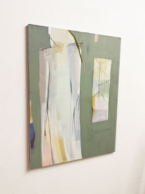 Large Mid-Century Sage Green Abstract Figurative Signed Painting on Canvas