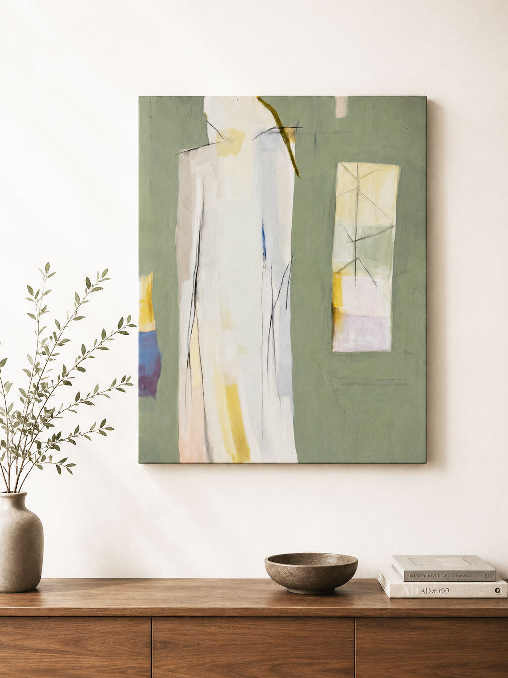 Large Mid-Century Sage Green Abstract Figurative Signed Painting on Canvas