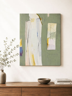 Large Mid-Century Sage Green Abstract Figurative Signed Painting on Canvas