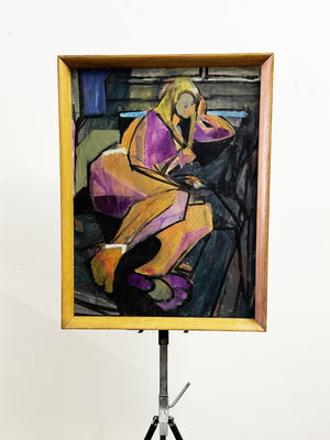 Mid-Century Modern Cubist Seated Female Figure Oil Painting, British School, c.1960s