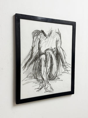 Mid-Century Expressionist Nude Figure Charcoal Study Drawing