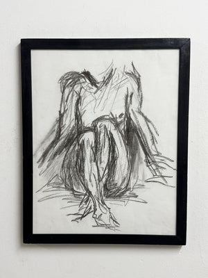 Mid-Century Expressionist Nude Figure Charcoal Study Drawing