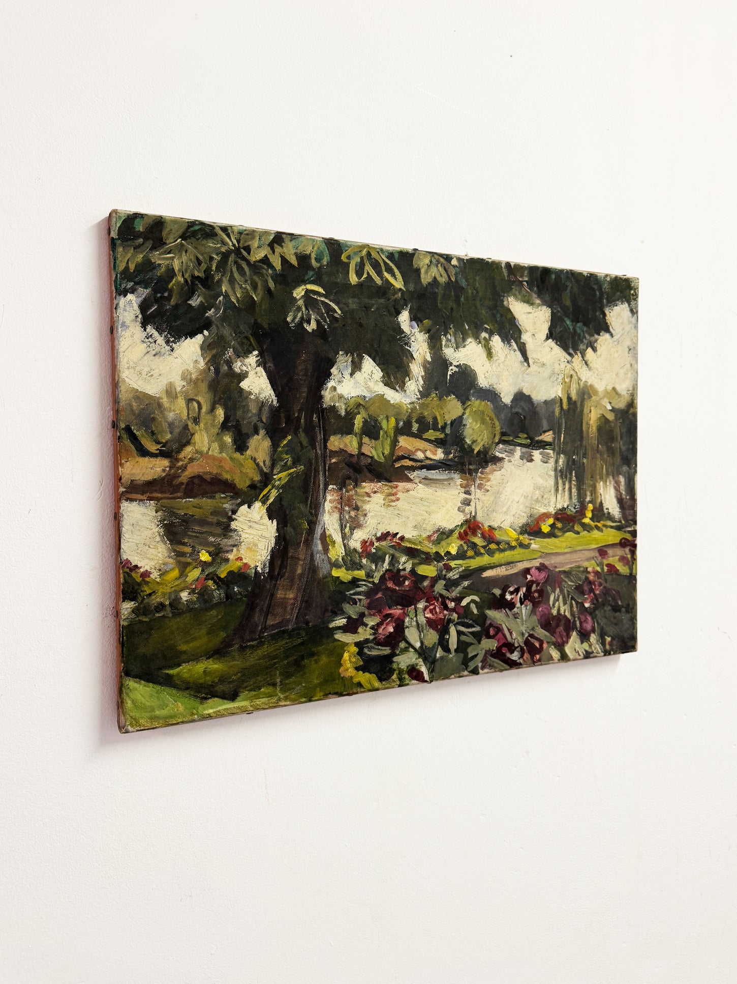 Mid-Century Modern British Riverside Landscape Oil on Canvas Painting, Owen Rowley