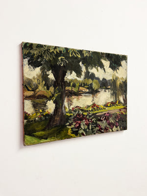 Mid-Century Modern British Riverside Landscape Oil on Canvas Painting, Owen Rowley