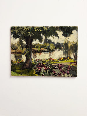 Mid-Century Modern British Riverside Landscape Oil on Canvas Painting, Owen Rowley