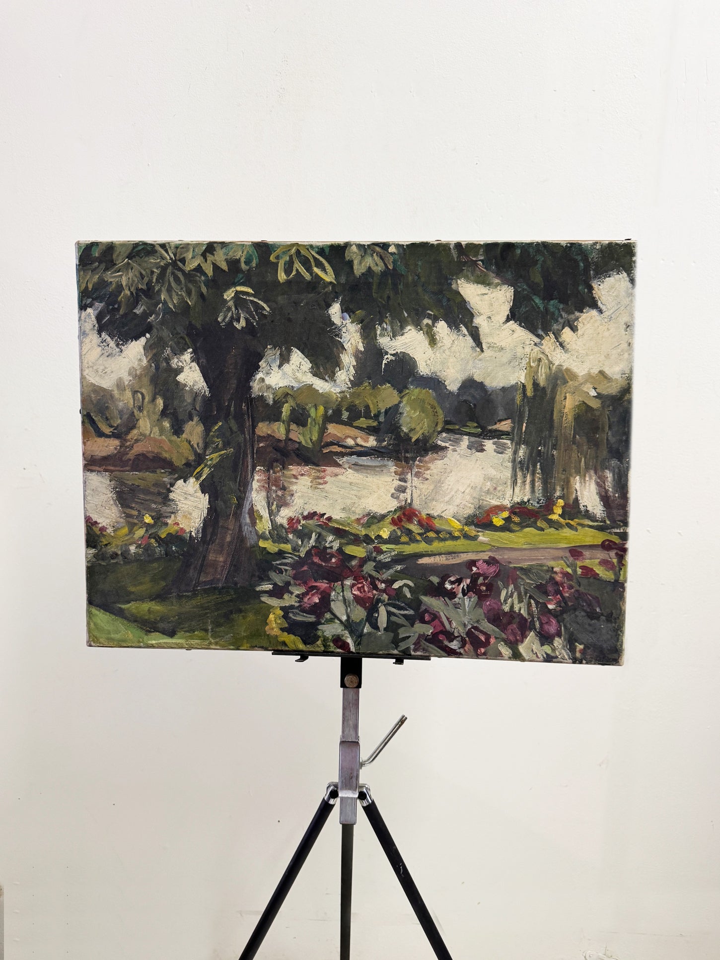 Mid-Century Modern British Riverside Landscape Oil on Canvas Painting, Owen Rowley