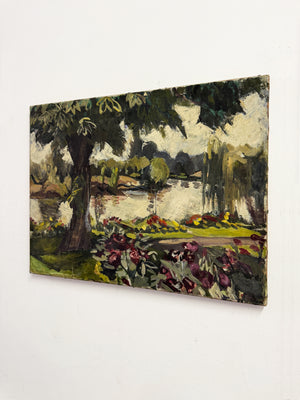 Mid-Century Modern British Riverside Landscape Oil on Canvas Painting, Owen Rowley