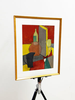 Mid-Century Modern Cubist Inspired Geometric Still Life Painting