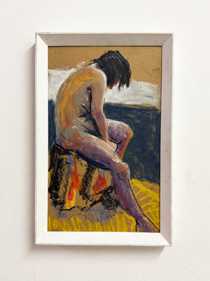 Mid-Century Expressionist Life Study - Seated Female Nude Pastel Drawing