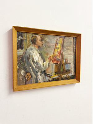 Mid-Century Modern British Oil Painting, Artist in Studio, Owen Rowley