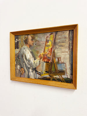Mid-Century Modern British Oil Painting, Artist in Studio, Owen Rowley