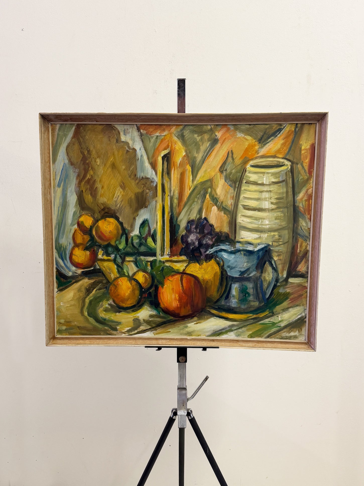 Mid-Century British Still Life Oil Painting with Fruit & Stoneware Jug