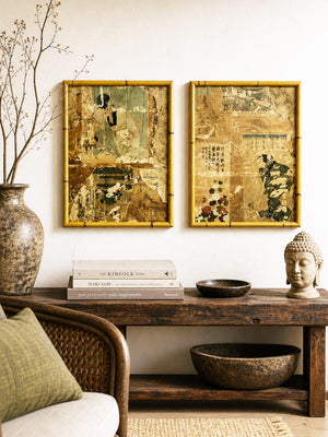 Pair of Antique Japanese Wabi Sabi Woodblock Print Fragments, Bamboo Frames