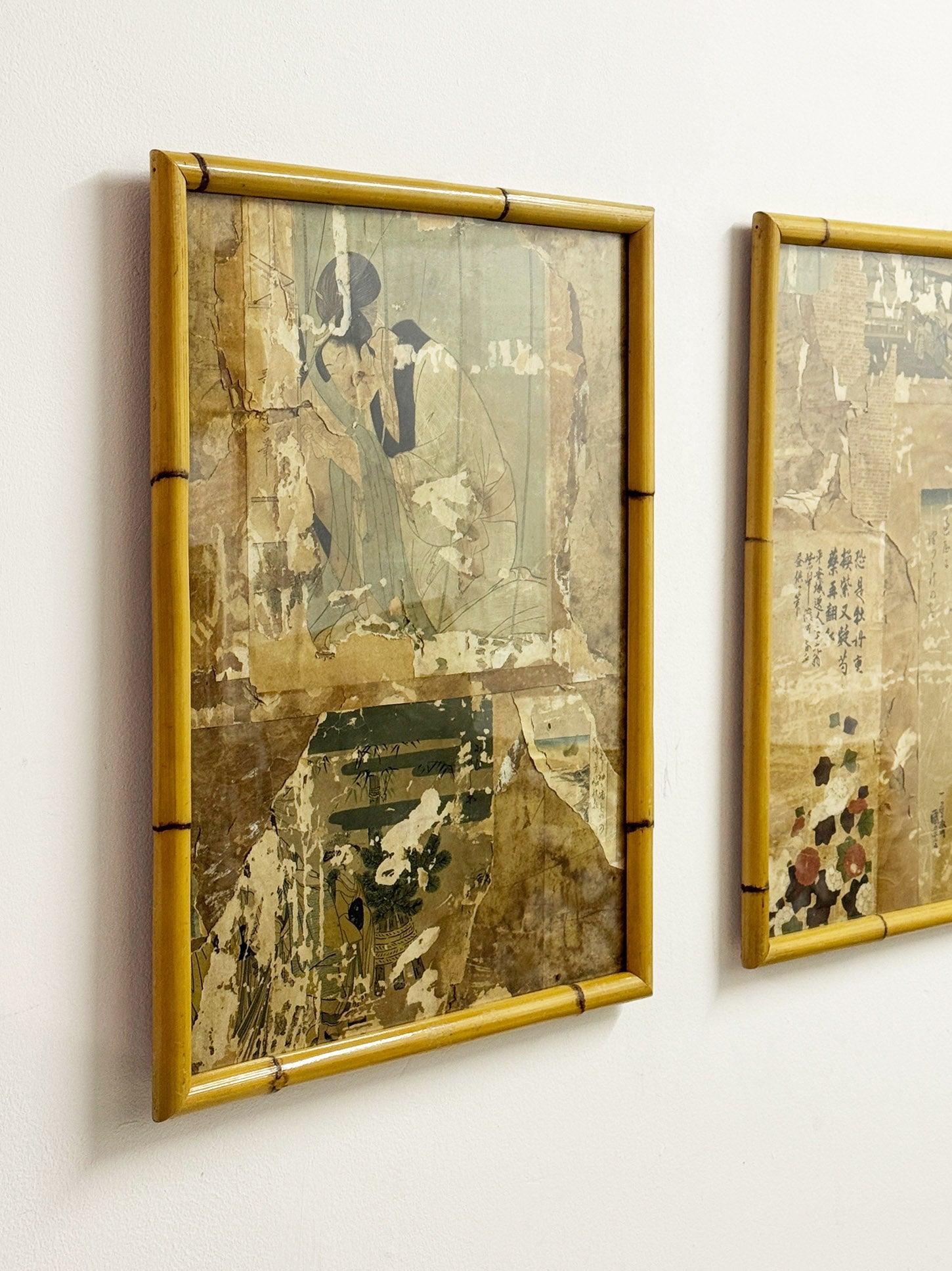Pair of Antique Japanese Wabi Sabi Woodblock Print Fragments, Bamboo Frames