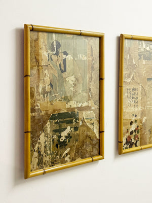 Pair of Antique Japanese Wabi Sabi Woodblock Print Fragments, Bamboo Frames
