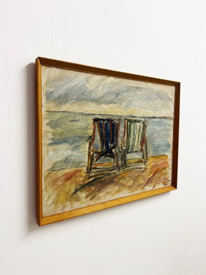 Mid-century Abstract Expressionist Beach Deck Chairs Oil Painting Signed Robbins