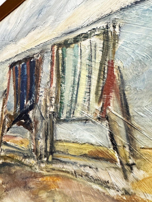Mid-century Abstract Expressionist Beach Deck Chairs Oil Painting Signed Robbins