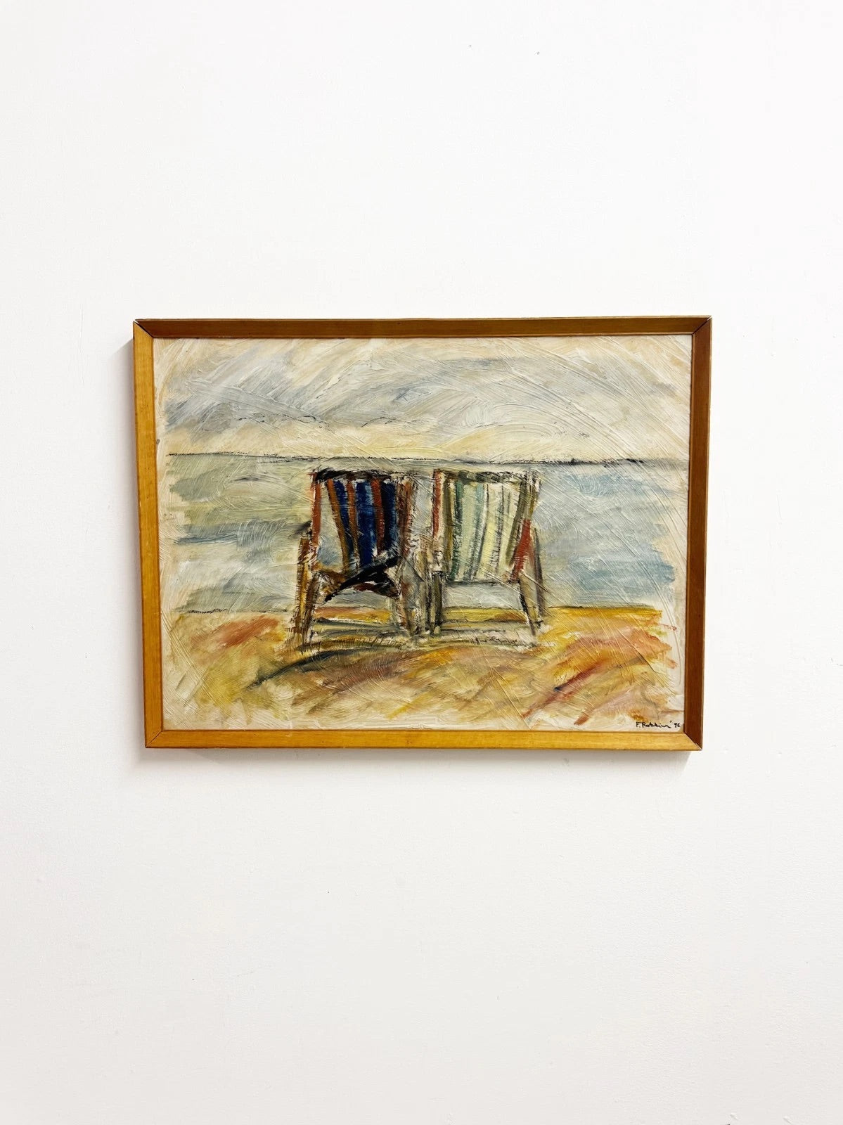 Mid-century Abstract Expressionist Beach Deck Chairs Oil Painting Signed Robbins