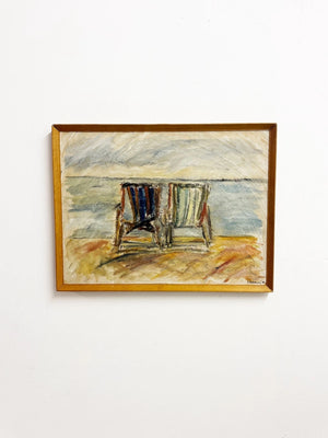 Mid-century Abstract Expressionist Beach Deck Chairs Oil Painting Signed Robbins