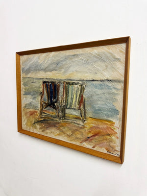 Mid-century Abstract Expressionist Beach Deck Chairs Oil Painting Signed Robbins