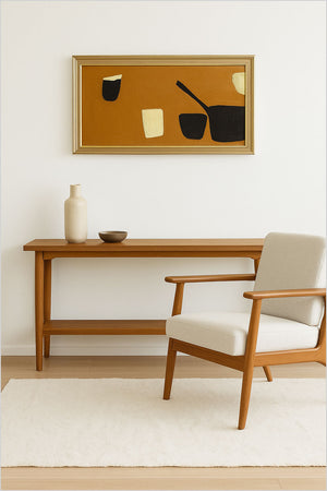 Modernist still life in the style of William Scott with black and cream vessels on an ochre-orange background - Room setup.